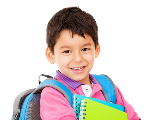 Little boy with backpack and notebooks