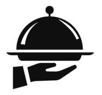Hand serving a covered serving tray with cloche icon in black and white