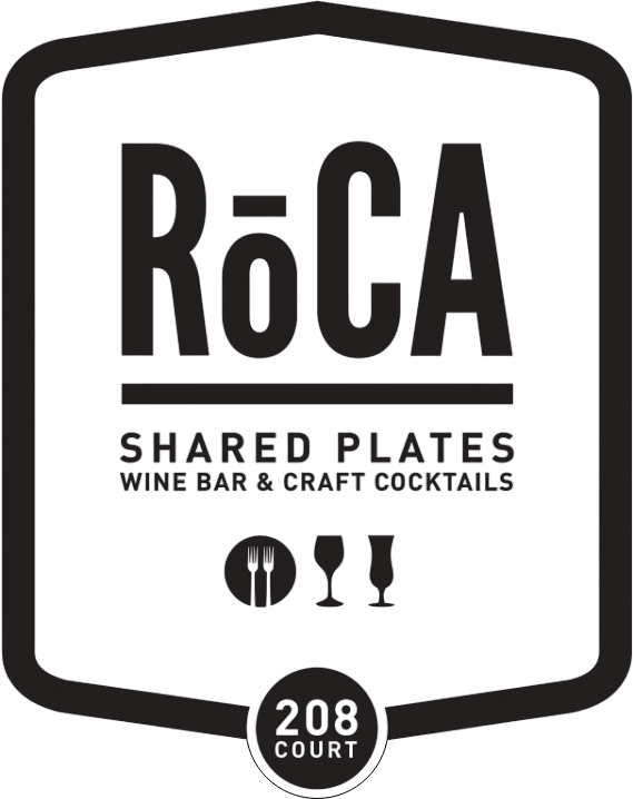 RoCA logo sign for Shared Plates, Wine Bar & Craft Cocktails, with 208 Court seal