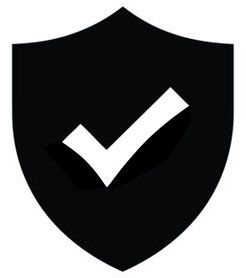 Black shield icon with a white check mark, symbolizing security or verification