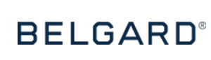 A blue and white logo for belgard on a white background