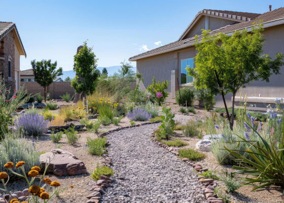 A dirt path leading to a house surrounded by trees and flowers.