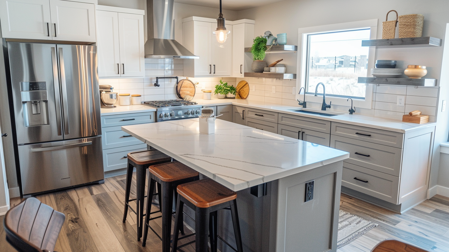 Bright modern kitchen with white cabinets, stainless fridge, island, and wood bar stools