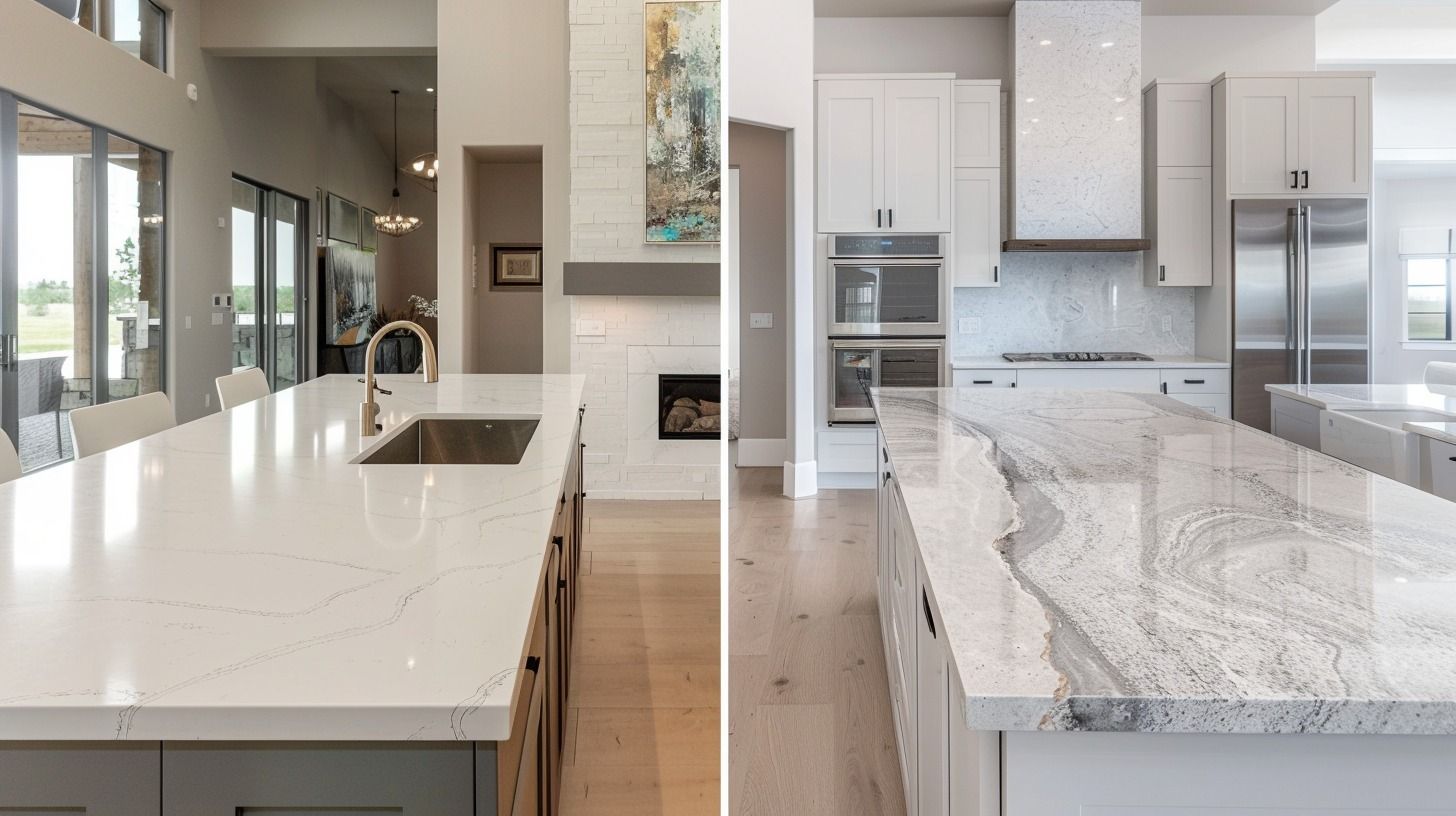 Bright modern kitchen with white countertops, wood floors, stainless appliances, and large windows