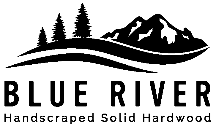 A black and white logo for blue river handscraped solid hardwood.