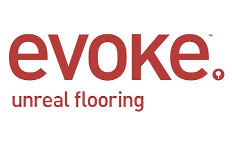 A red and white logo for evoke unreal flooring