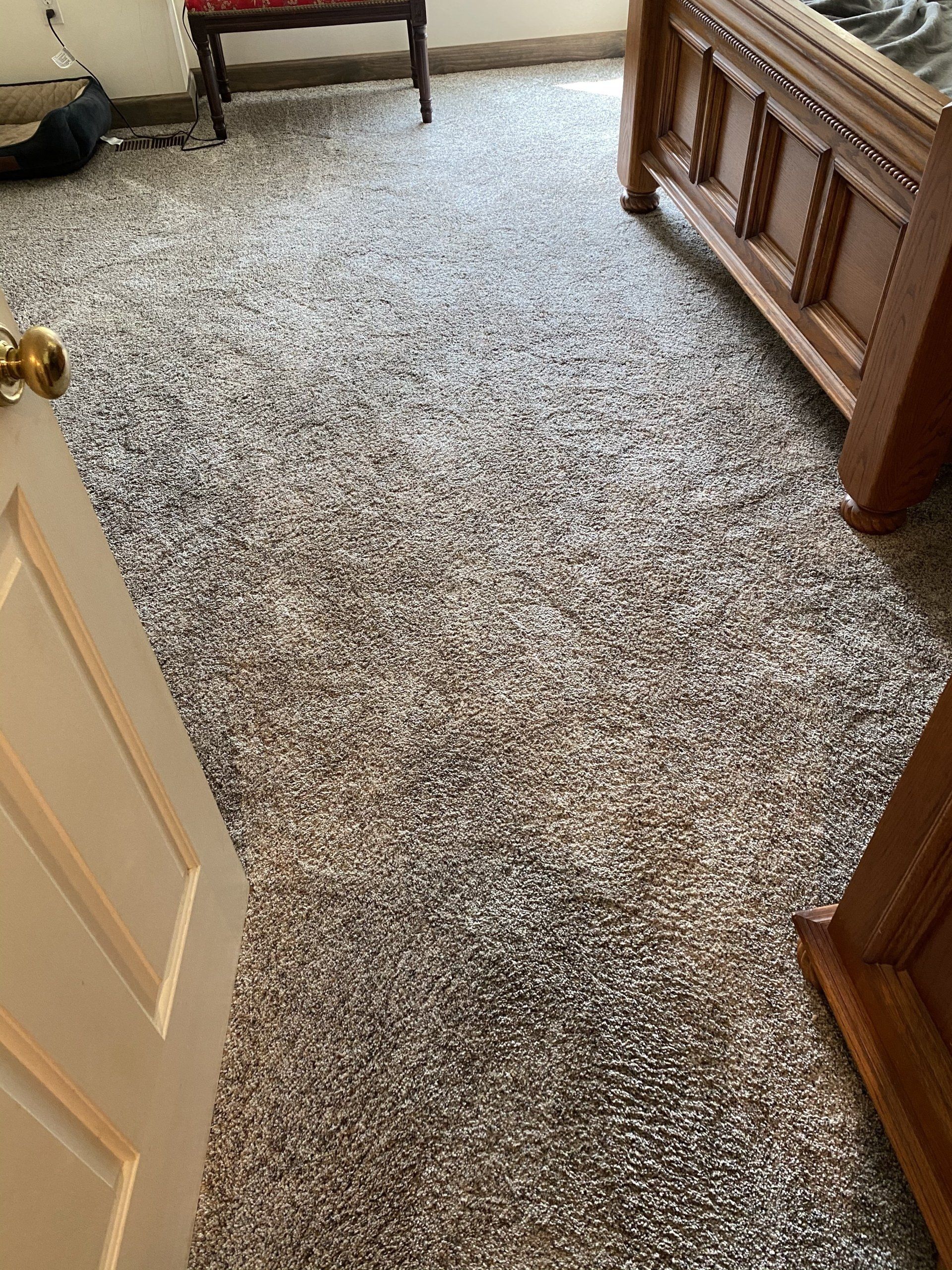 A bedroom with a carpeted floor and a bed.