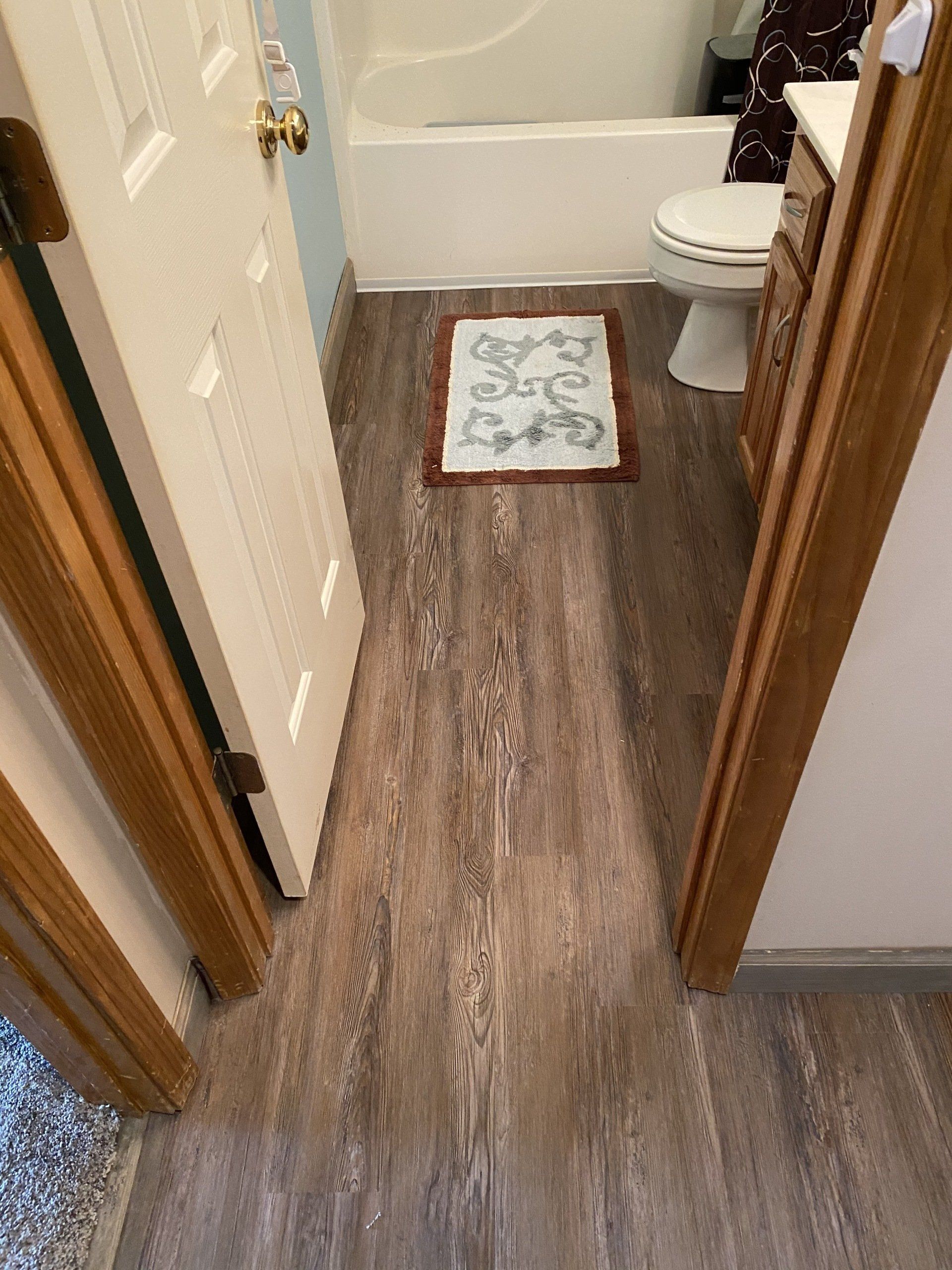 A bathroom with hardwood floors and a rug on the floor.