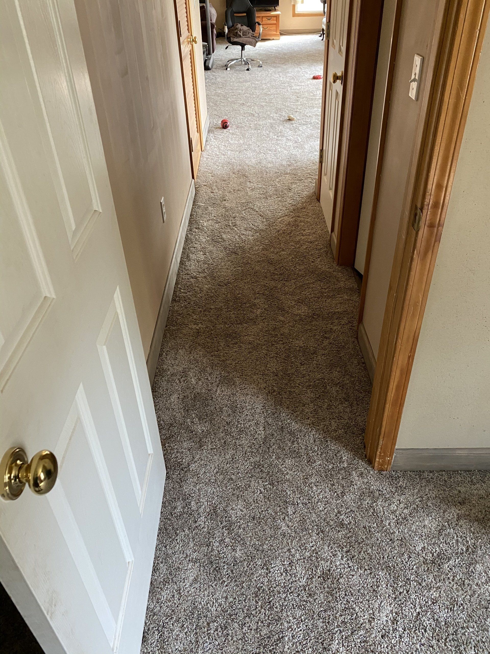A hallway with a carpeted floor and a door leading to a room.