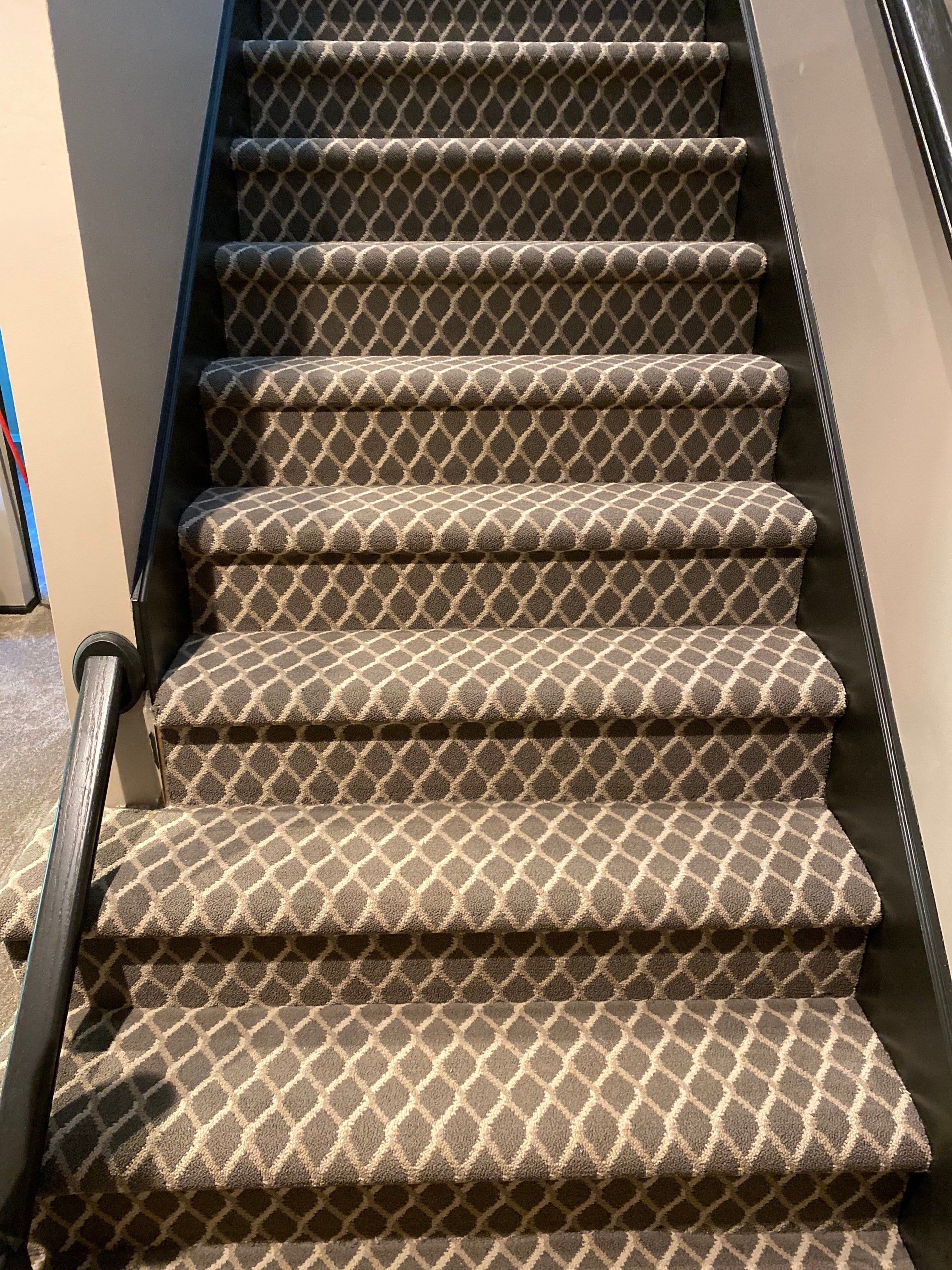 A set of stairs with a patterned carpet on them.
