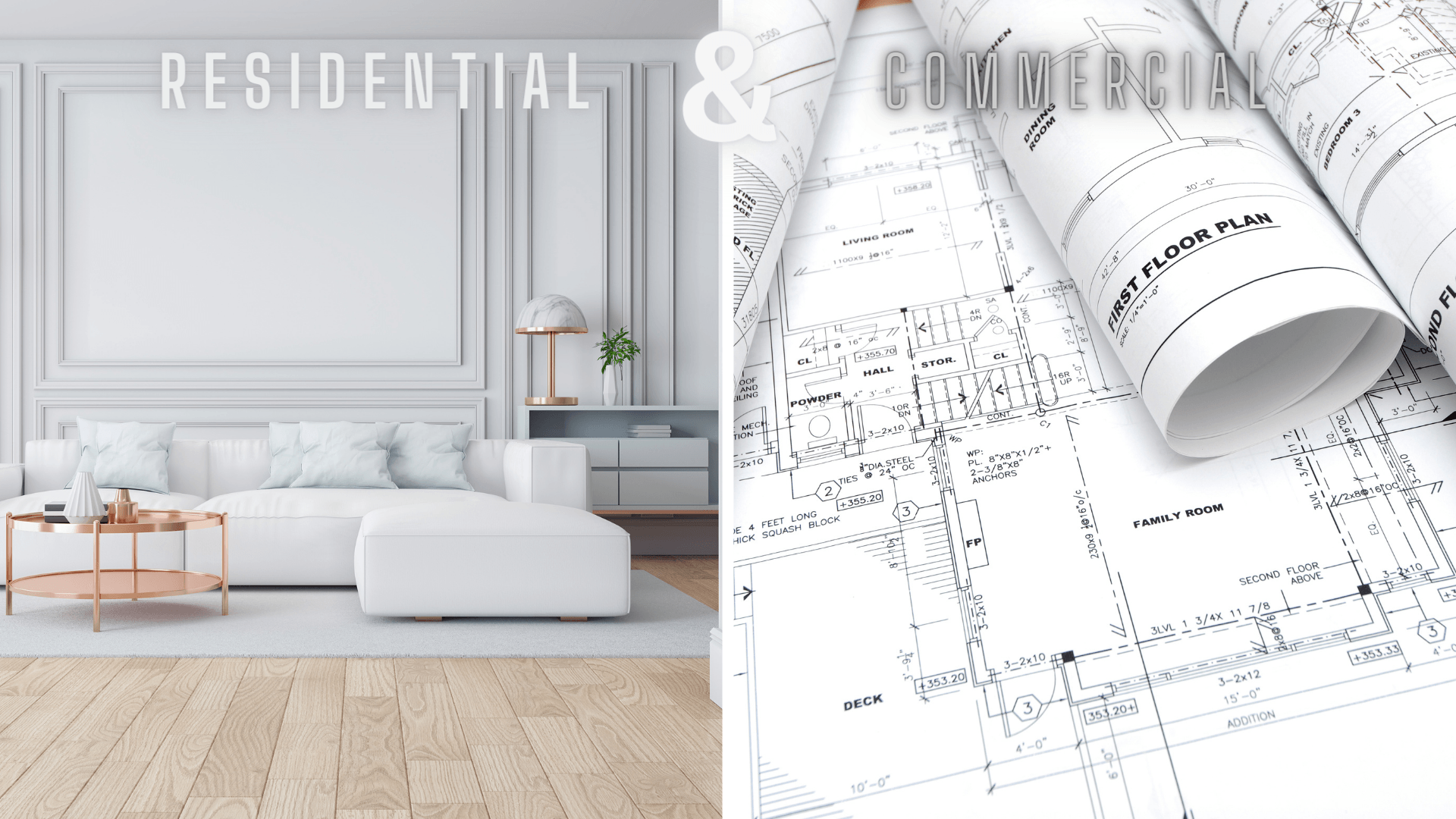 A living room with a white couch and a blueprint of a house