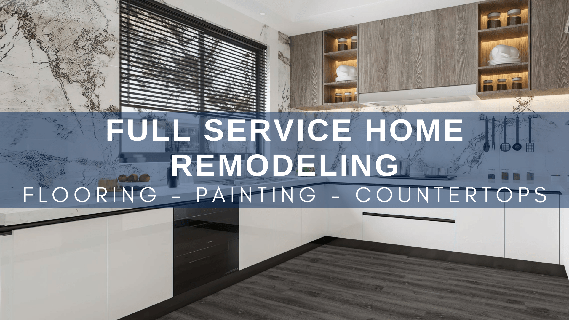 A picture of a kitchen with the words `` full service home remodeling flooring painting countertops ''.
