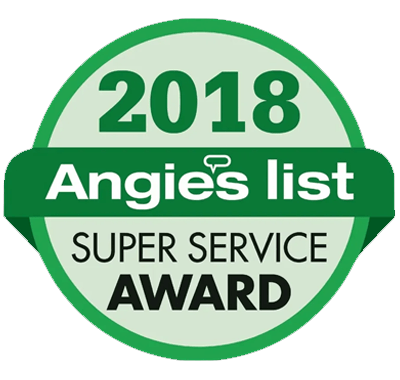 A green badge that says 2018 angie 's list super service award