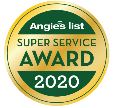 A green and gold badge that says angie 's list super service award 2020