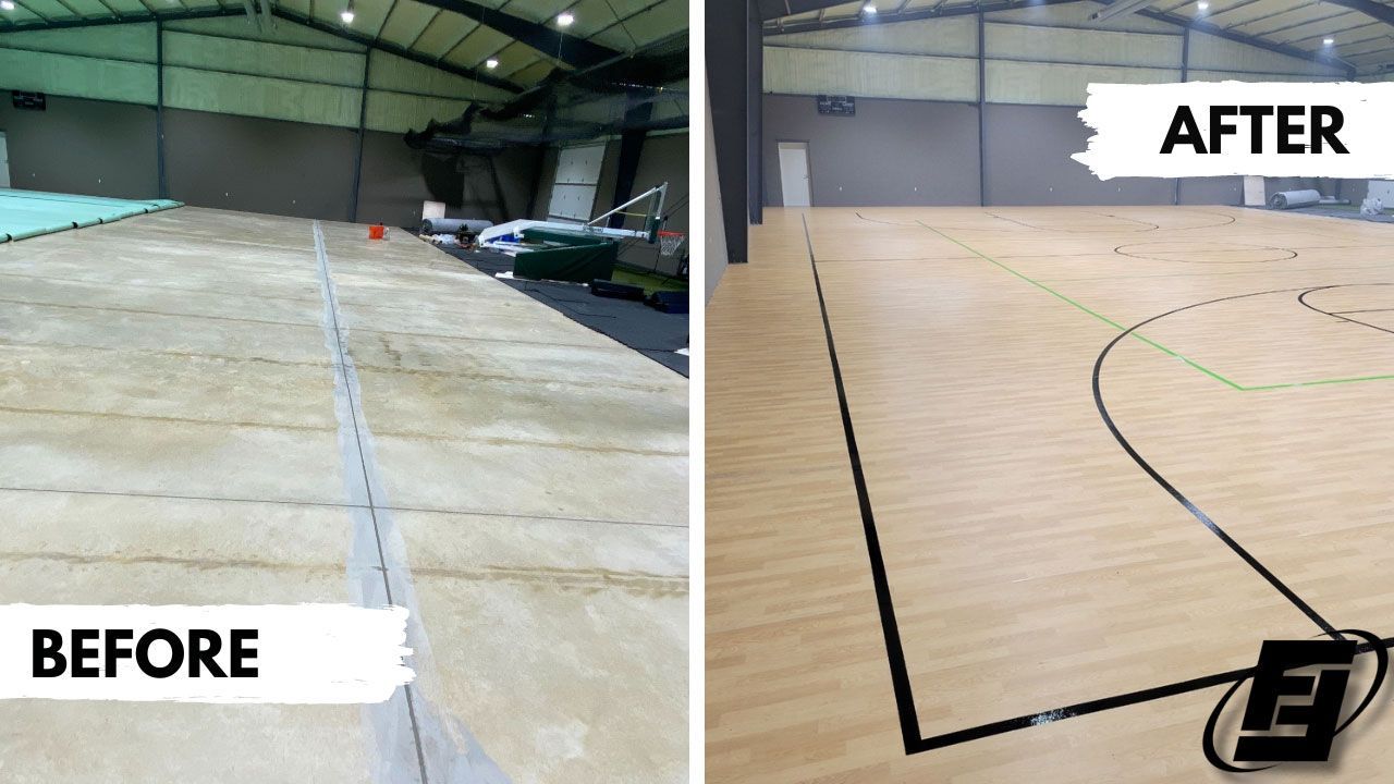 A before and after photo of a basketball court