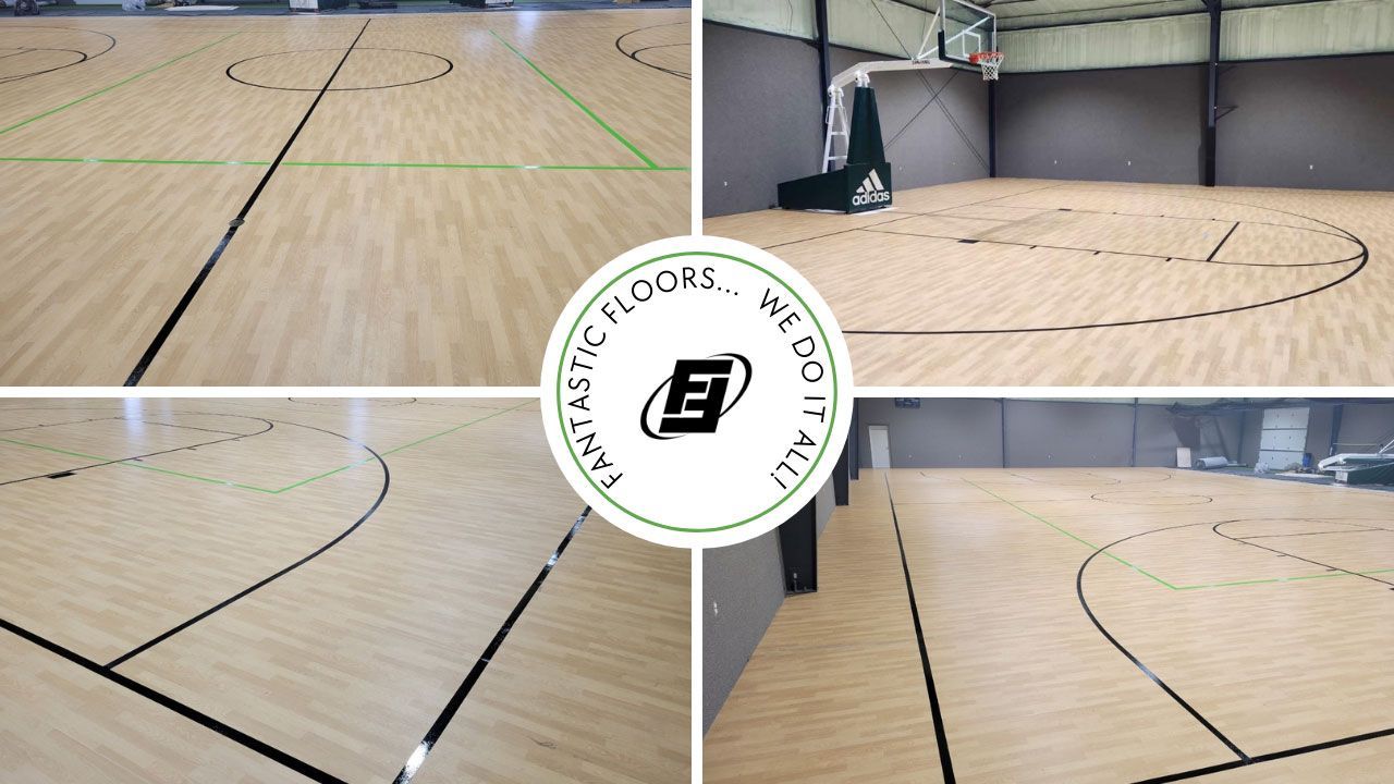 A collage of four pictures of a basketball court