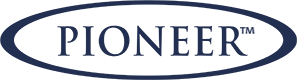 The pioneer logo is in a blue oval on a white background.