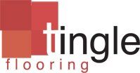 A logo for tingle flooring with a red square in the middle.