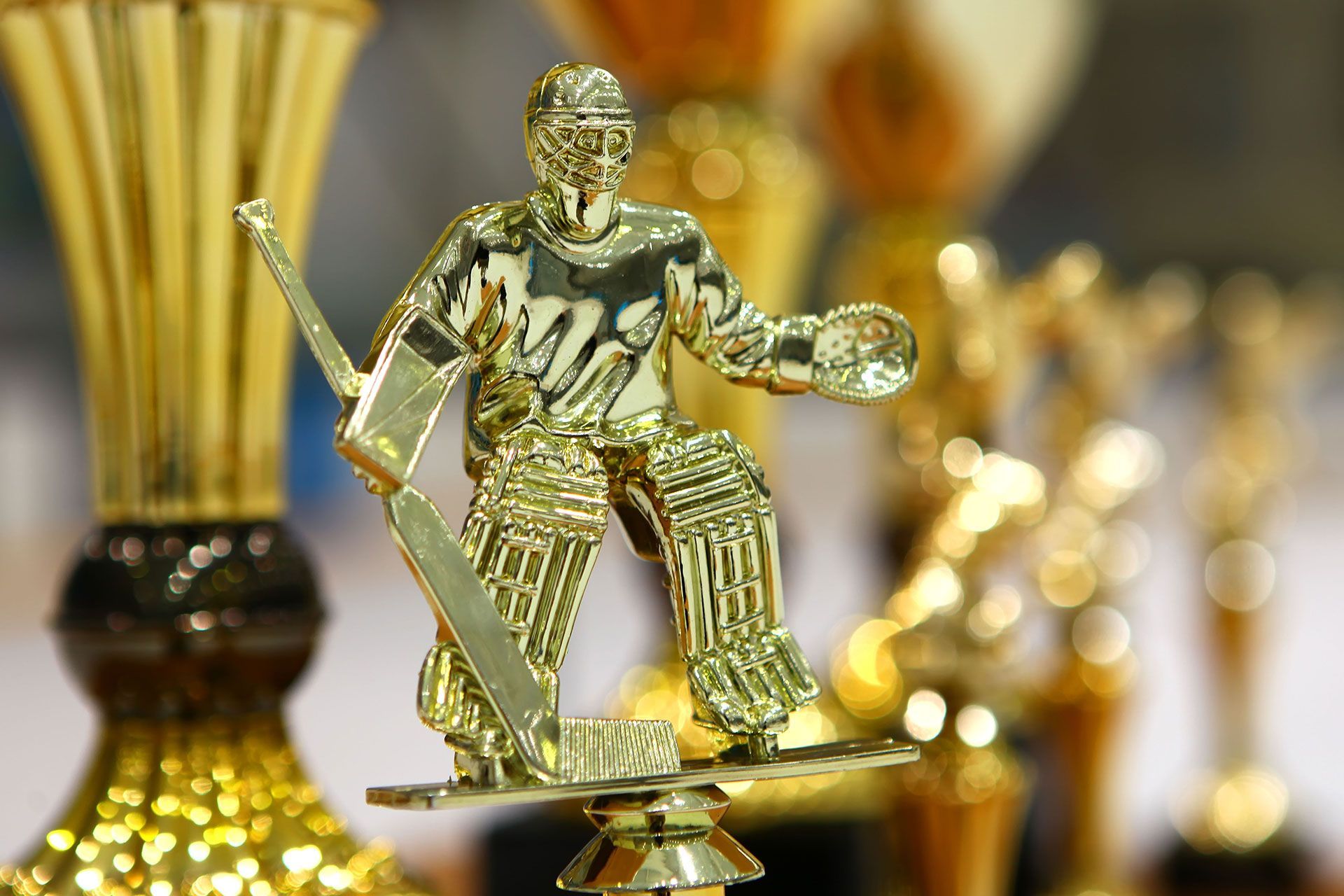 Golden trophy with a hockey goalie figure and other trophies in the background.
