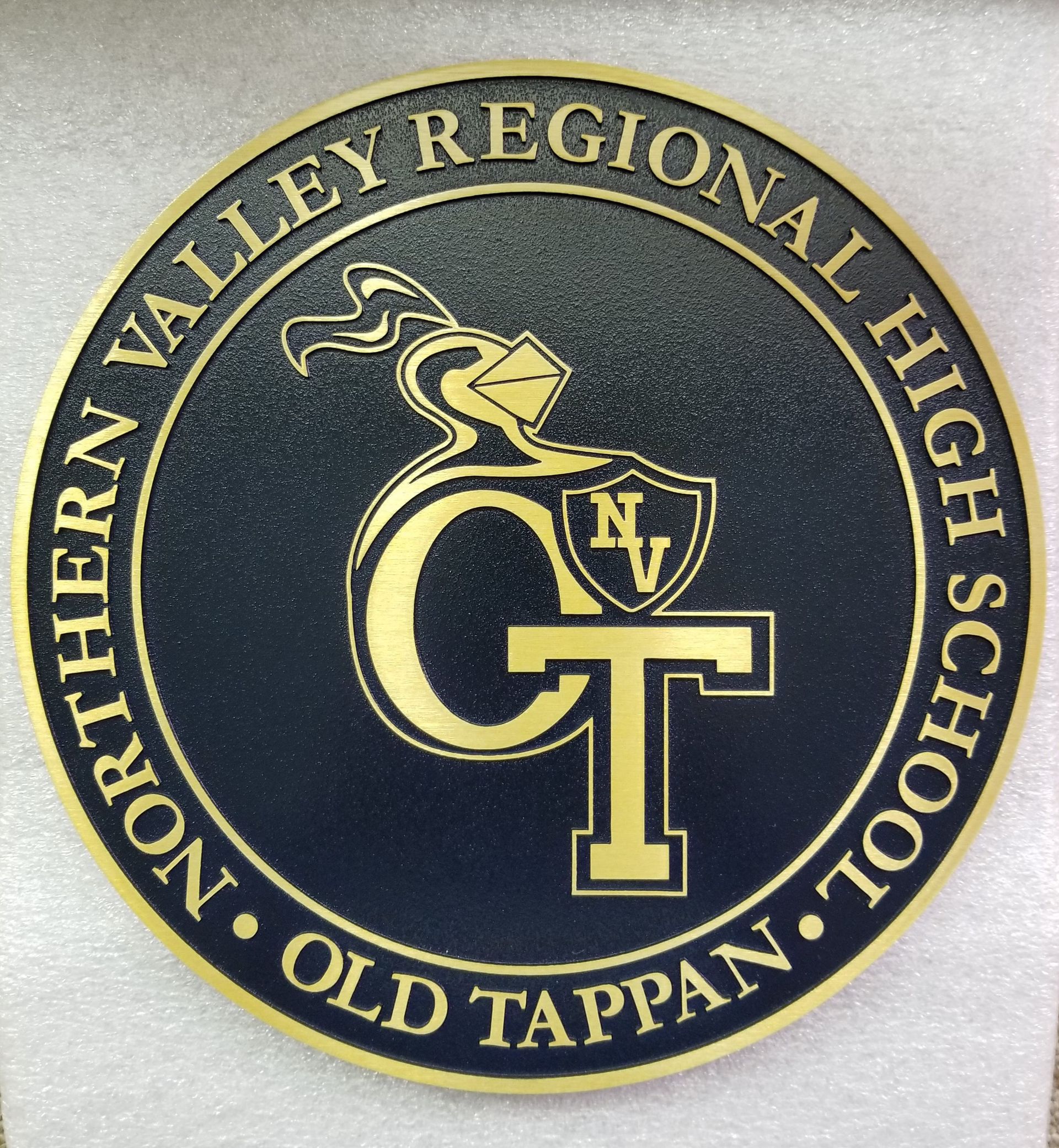 Northern Valley Regional High School plaque, dark blue with gold lettering and emblem, Old Tappan