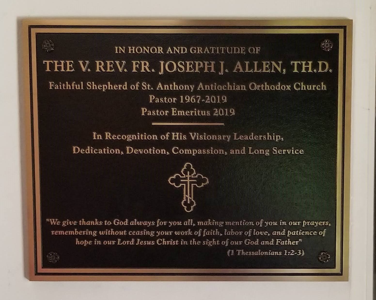 Bronze plaque honoring Fr. Joseph J. Allen at St. Anthony Orthodox Church