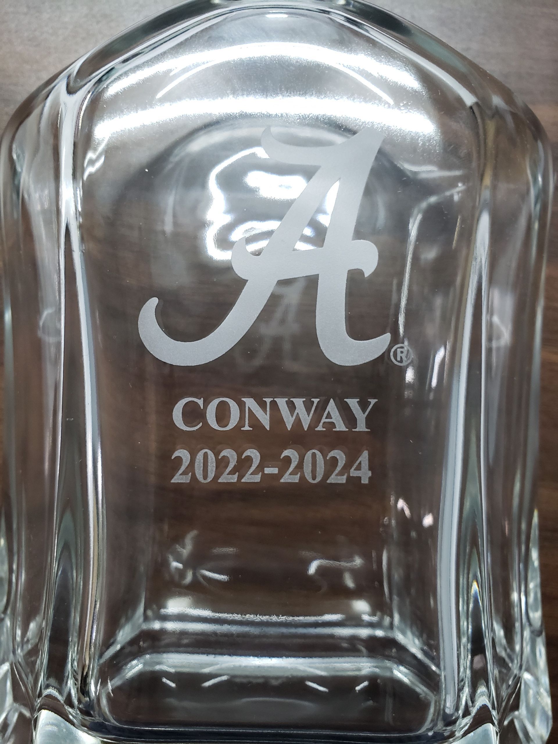 Clear glass decanter etched with the Alabama 
