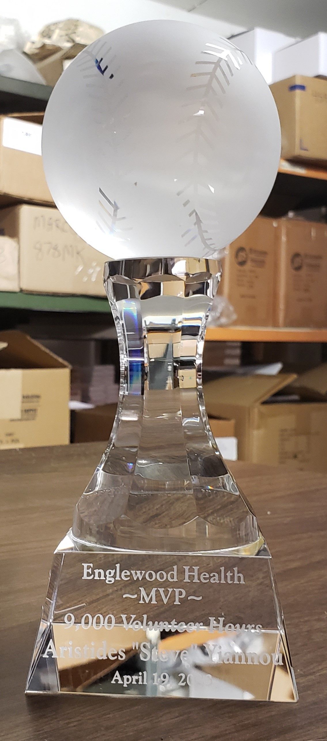 Crystal trophy with a baseball on top