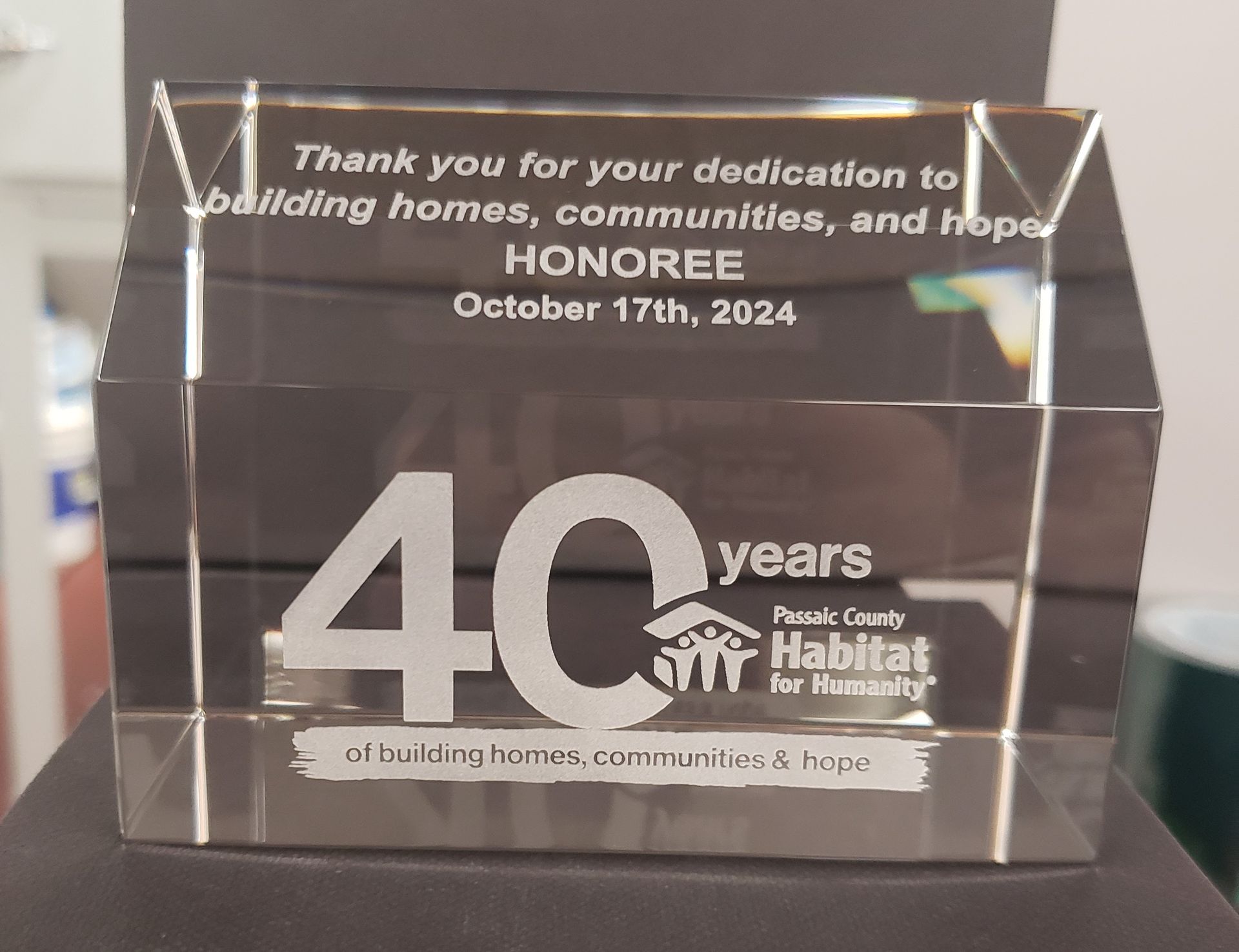 Glass award for 40 years of service at Habitat for Humanity