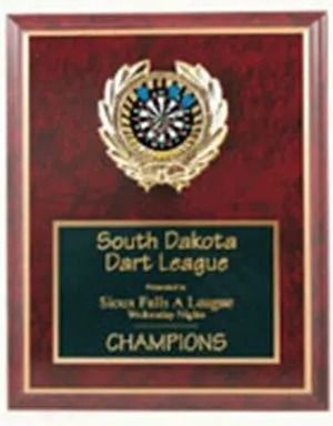 Dart league award plaque, with a dartboard emblem, engraved lettering, and gold accents on a wood-grain background.