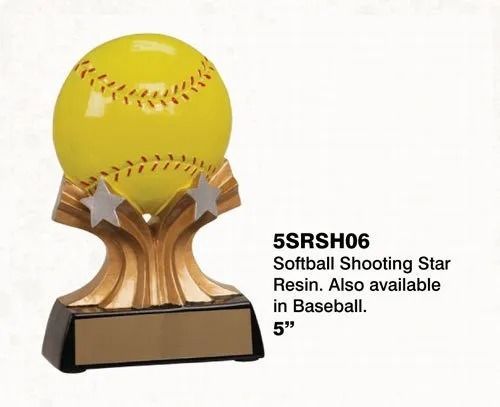 Softball trophy with a yellow ball and star-shaped base on a black plaque.