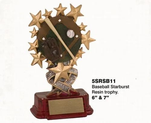 Baseball trophy with stars, a bat, a ball, and a glove on a dark brown base.