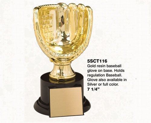 Gold baseball glove trophy on black base with text.