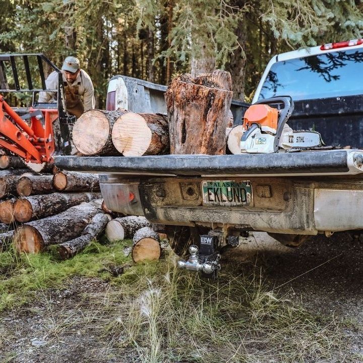 Man loading logs into a pickup truck with a chainsaw in a wooded area.
