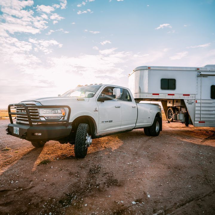 White pickup truck towing a horse trailer on a dirt road under a sunny sky.