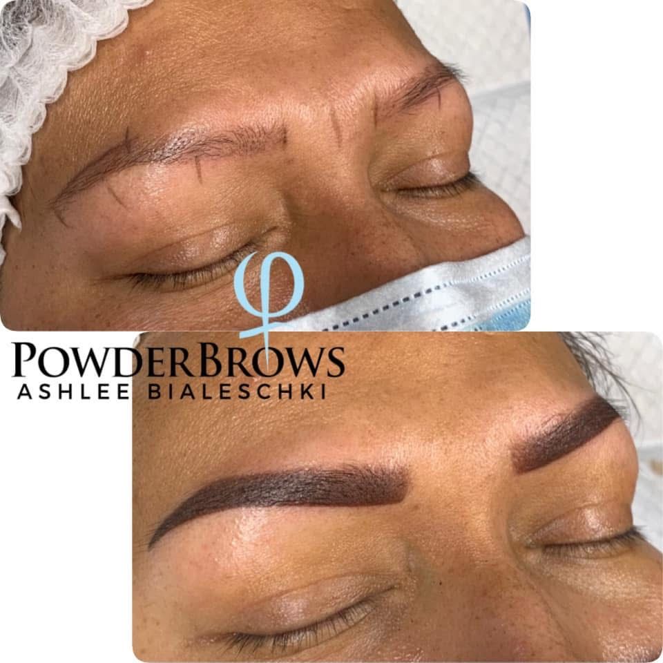 Before-and-after eyebrow microblading close-up, showing fuller dark brows on closed eyes.