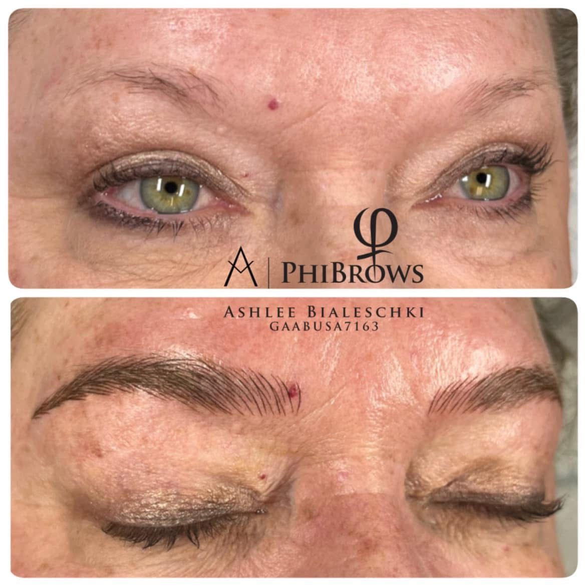 Before and after eyebrow microblading on a woman’s face, showing fuller brows and closed eyes.