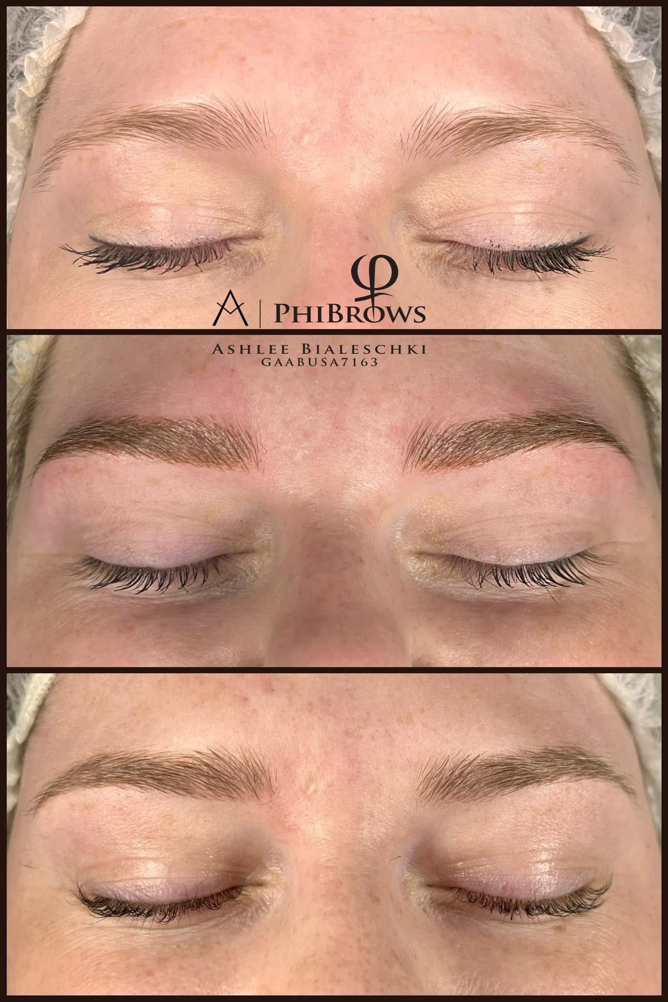 Three close-up shots of closed eyelids showing eyebrow shaping/microblading before and after.