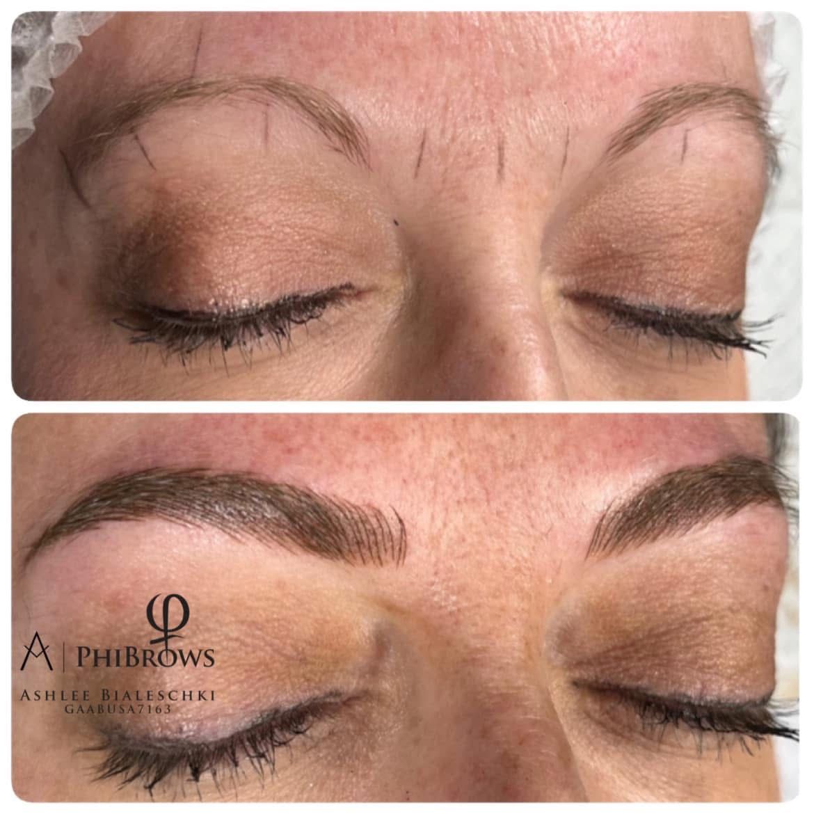 Before-and-after close-up of eyebrows, showing a microblading or tinting result on closed eyes.