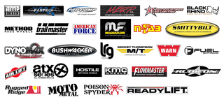 AMP Research | Fabtech | ProComp | MBRP | Rigid Industries Led Lighting | Black Rhino | Method Race Wheels | Trail Master | American Force | MF Magnaflow | NFab | Smittybilt | DynoMax | Bushwacker | LRG | Mickey Thompson | Warn | Fuel Off-Road | Air Lift | Atx Series | Hostile | KMC Wheels | Flowmaster | Rubicon | Rugged Ridge | Moto Metal | PoisonSpyder | ReadyLift
