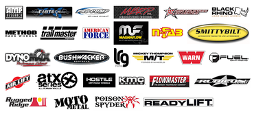 AMP Research | Fabtech | ProComp | MBRP | Rigid Industries Led Lighting | Black Rhino | Method Race Wheels | Trail Master | American Force | MF Magnaflow | NFab | Smittybilt | DynoMax | Bushwacker | LRG | Mickey Thompson | Warn | Fuel Off-Road | Air Lift | Atx Series | Hostile | KMC Wheels | Flowmaster | Rubicon | Rugged Ridge | Moto Metal | PoisonSpyder | ReadyLift