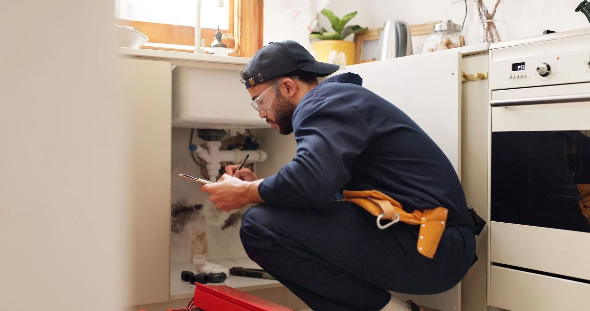 Plumber examines pipes under a kitchen sink. He is squatting, wearing a tool belt and cap.