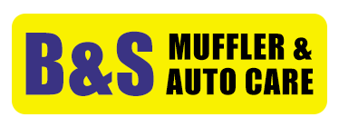 Logo of B&S Muffler & Auto Care in blue text on a yellow rectangle.