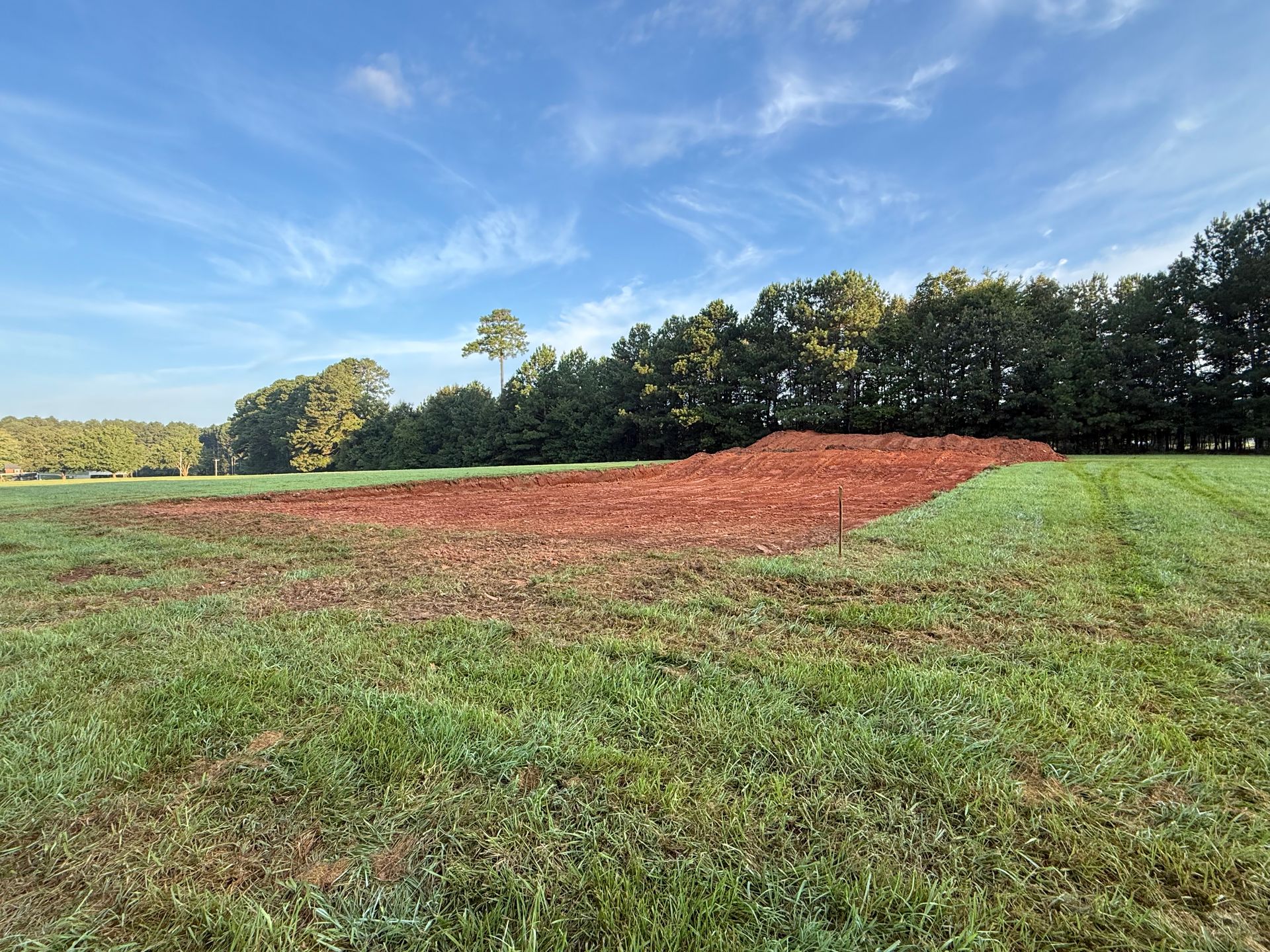 Grassy field with a large red-brown patch near a tree line under a blue sky