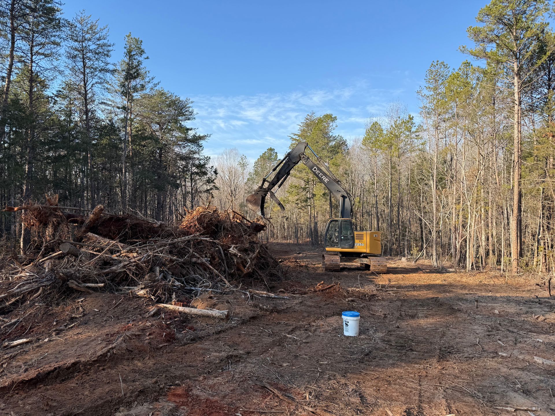 Yellow excavator clearing brush in a forested dirt clearing under a blue sky