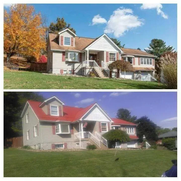 Two similar suburban houses shown before-and-after with the roof changed from gray to bright red.