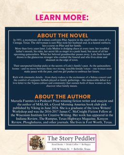 Promotional text about a novel and its author; dark blue background with pink text, a logo for the Story Peddler.