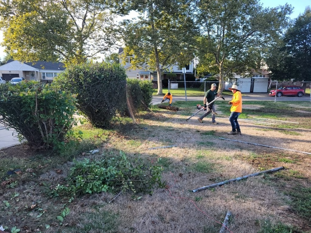 Workers in safety vests trim bushes in a yard, trees and houses in the background.