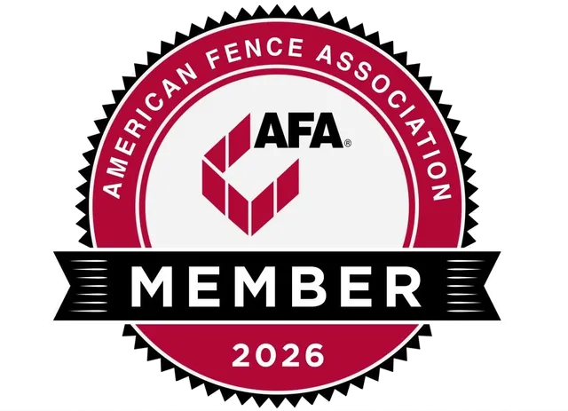 A circular red and black badge for the American Fence Association stating MEMBER and the year 2026.