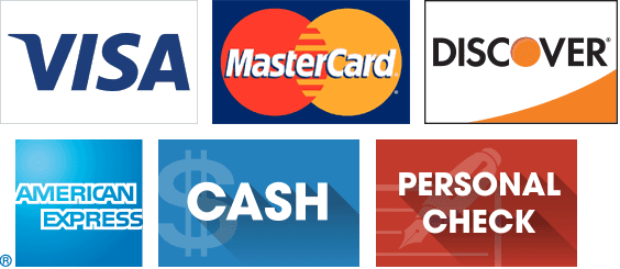 Visa, Master Card, Discover, AmEx, Cash, and Personal Check