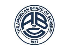 The american board of surgery logo is a blue and white logo in a circle.